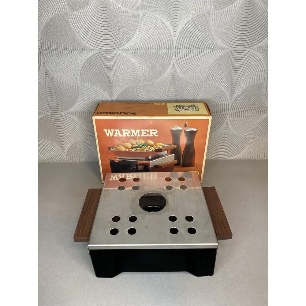 Vintage Food‎ Warmer Yax Stainless Steel Wood Handle One Candle Hot Plate Boxed